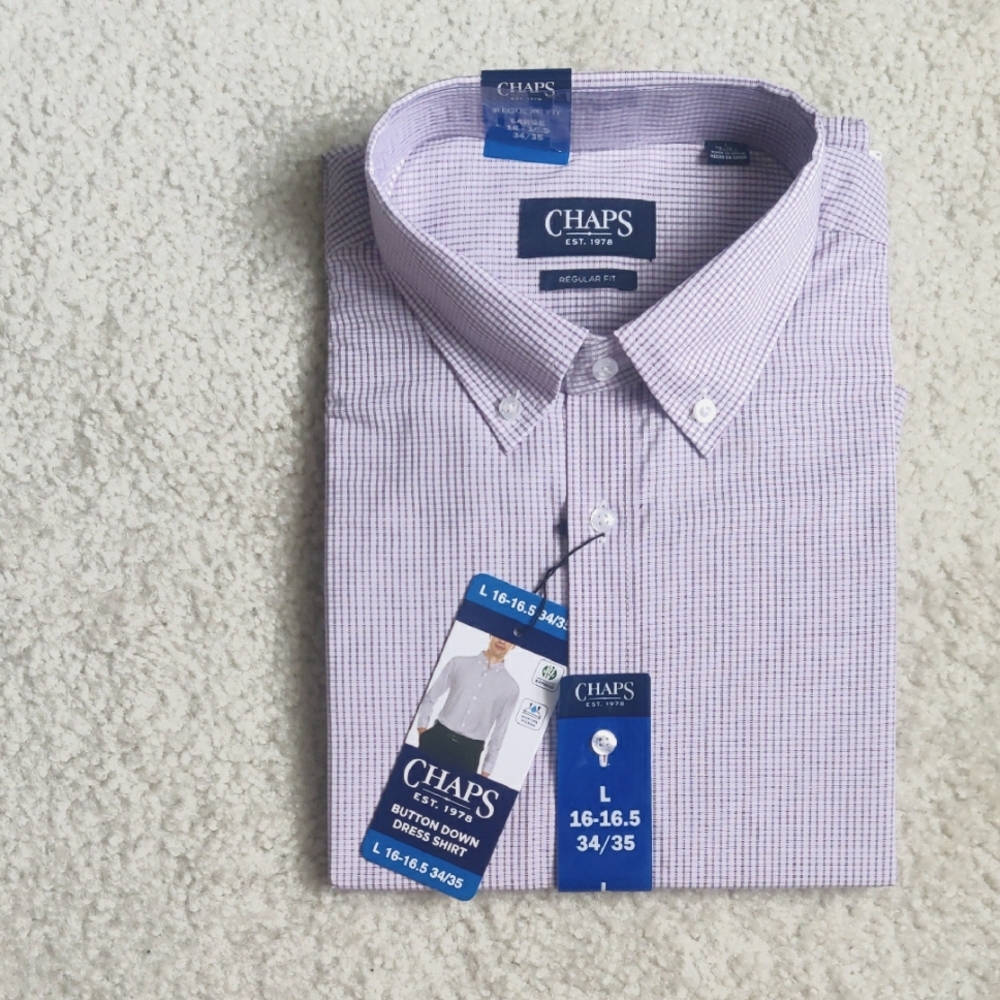 New!Chaps Men's Purple Button-Down Regular Fit Shirt Large 16-16.5, 34/35